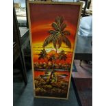 Boat, Palm Tree & Lake Artwork In Wooden Frame 53 X 128cm