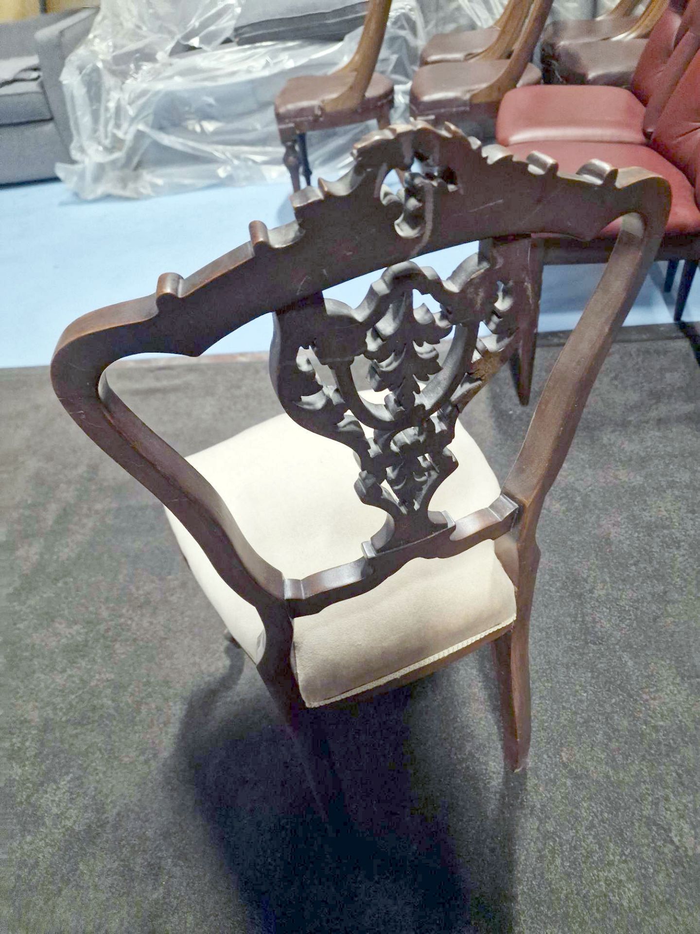 An Elegant Set of 4 Victorian Dining Chairs Elaborately Carved Top Rail And Shield Backs The Seats - Image 17 of 17