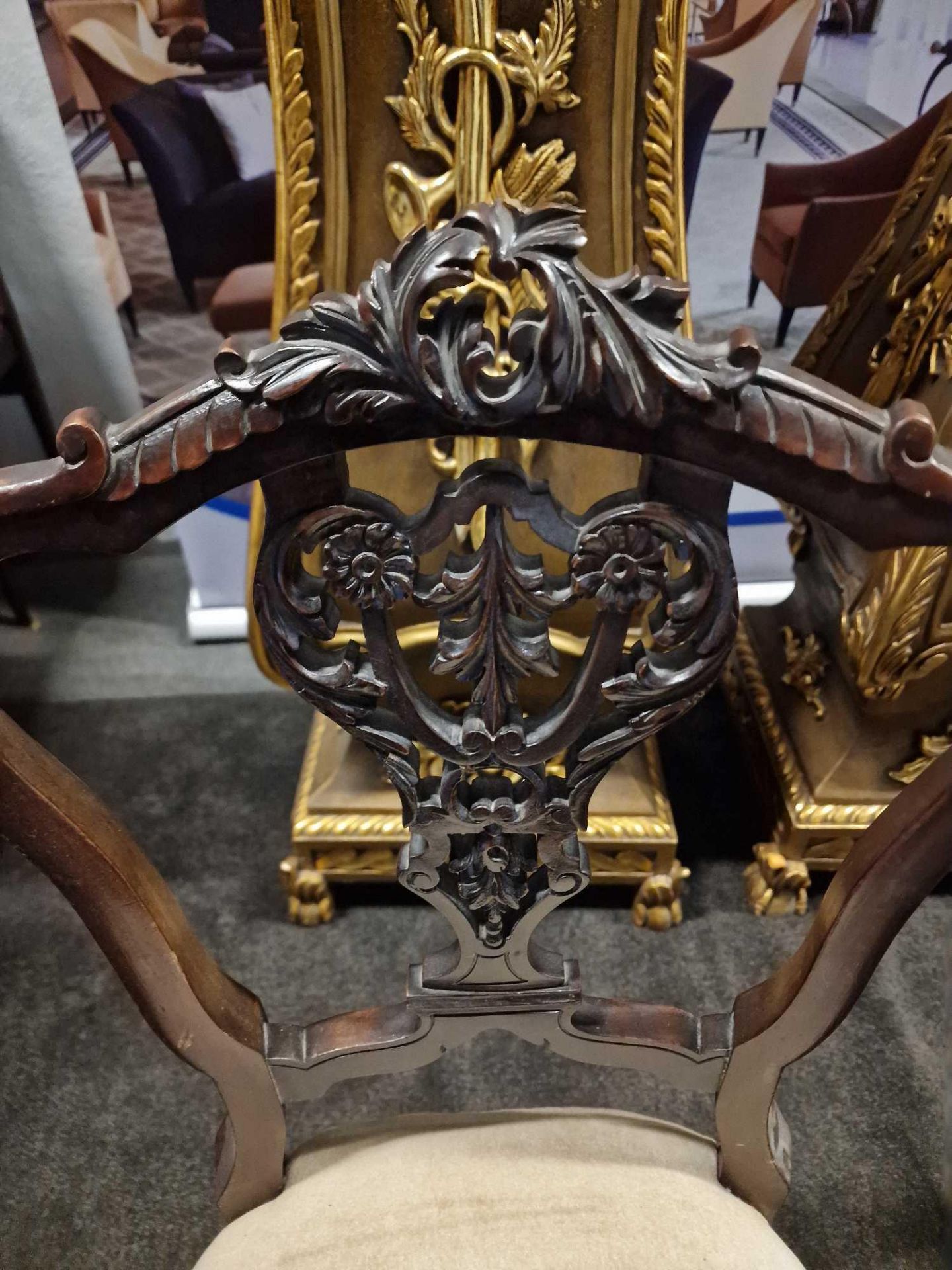 An Elegant Set of 4 Victorian Dining Chairs Elaborately Carved Top Rail And Shield Backs The Seats - Image 14 of 17