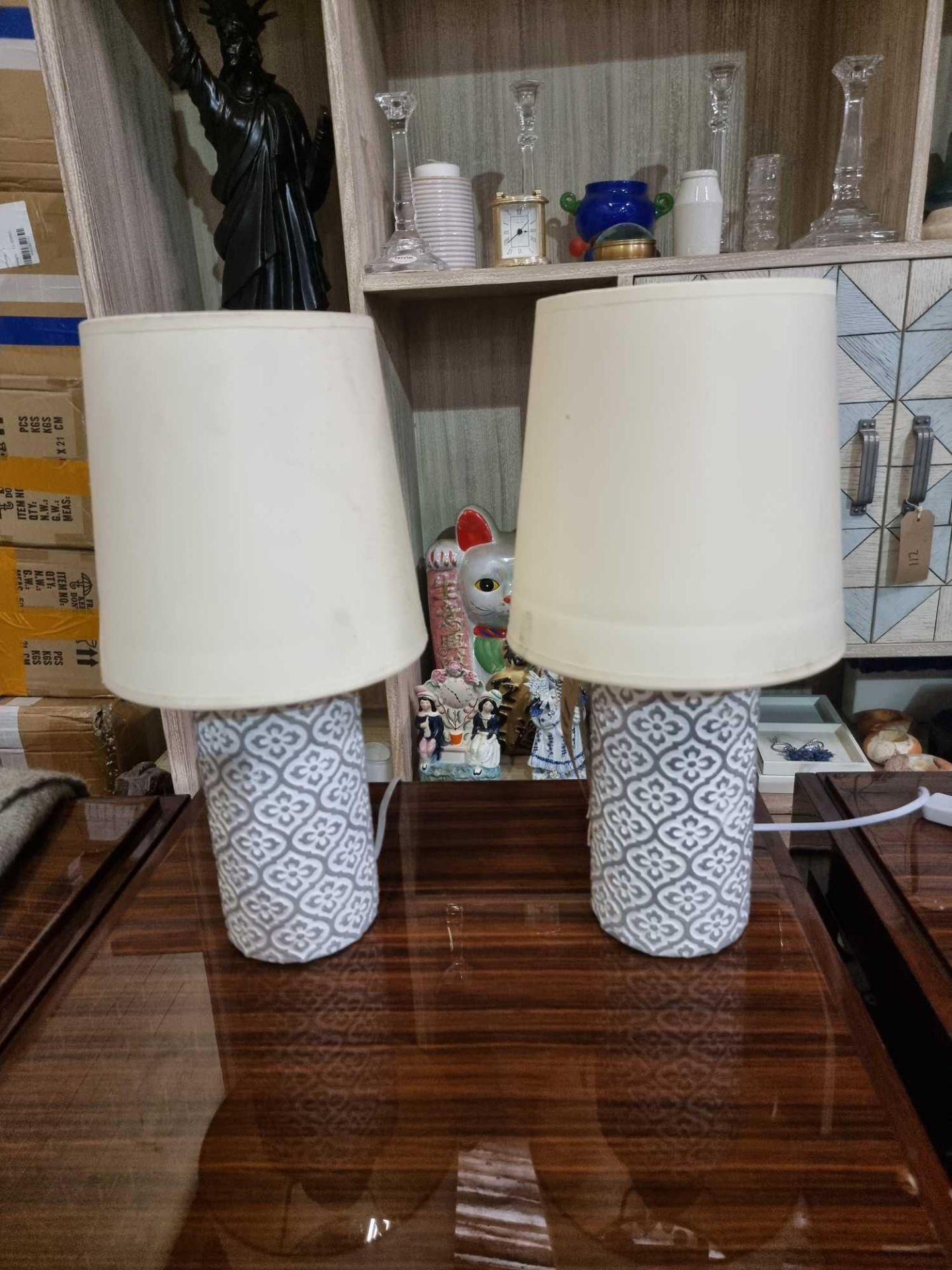 A Pair Of Quatrefoil Cylinder Table Lamp Unique Cylindrical Cement -Base With Shade 42cm