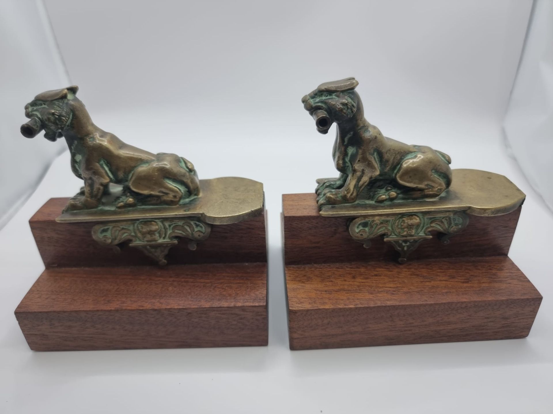 Pair Of 19th Century Decorative Bronze Lions later added to wooden plinth thus converted as Bookends