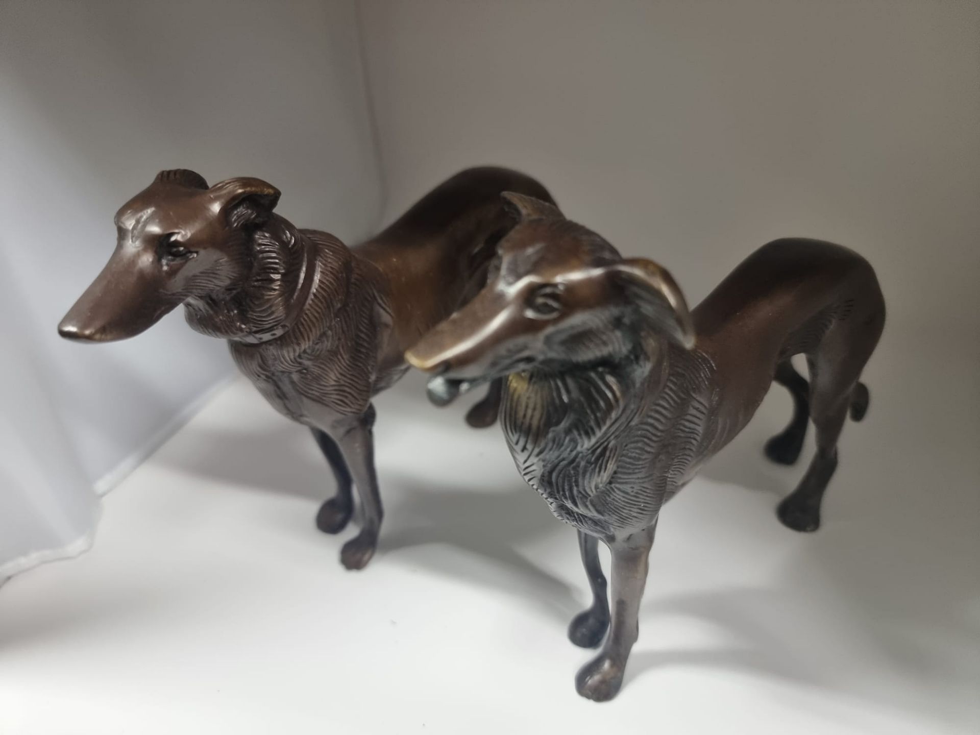 A pair of cast bronze Saluki dog sculptures 16cm tall each Longest is 28cm and shortest is 24cm - Image 7 of 8