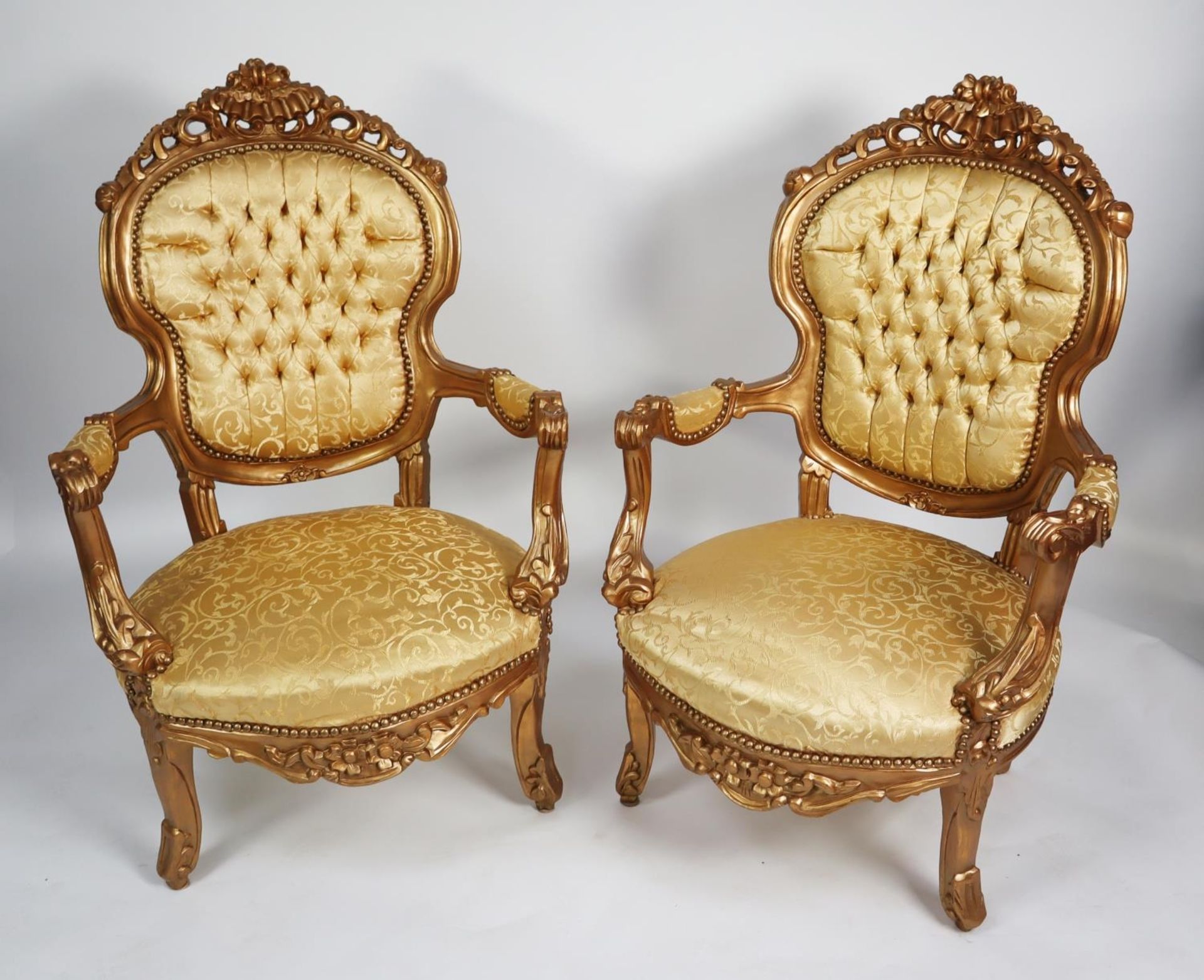 A Pair Of French Style Gilt Wood Framed Open Armchairs, Each With Moulded Show Wood Frame, The