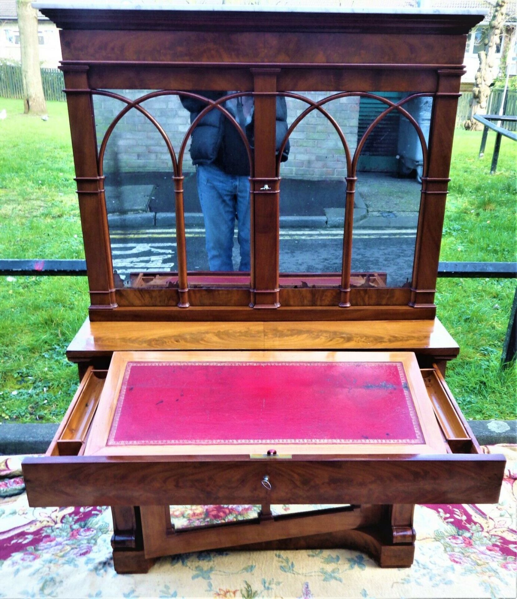 Georgian Escritoire In Flame Mahogany This Tall Escritoire Has A Classic Cornice Above A Mirror - Image 2 of 15