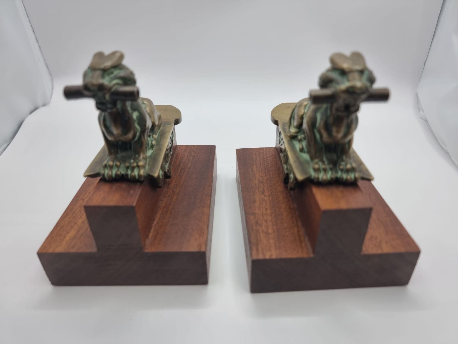 Pair Of 19th Century Decorative Bronze Lions later added to wooden plinth thus converted as Bookends - Image 3 of 10