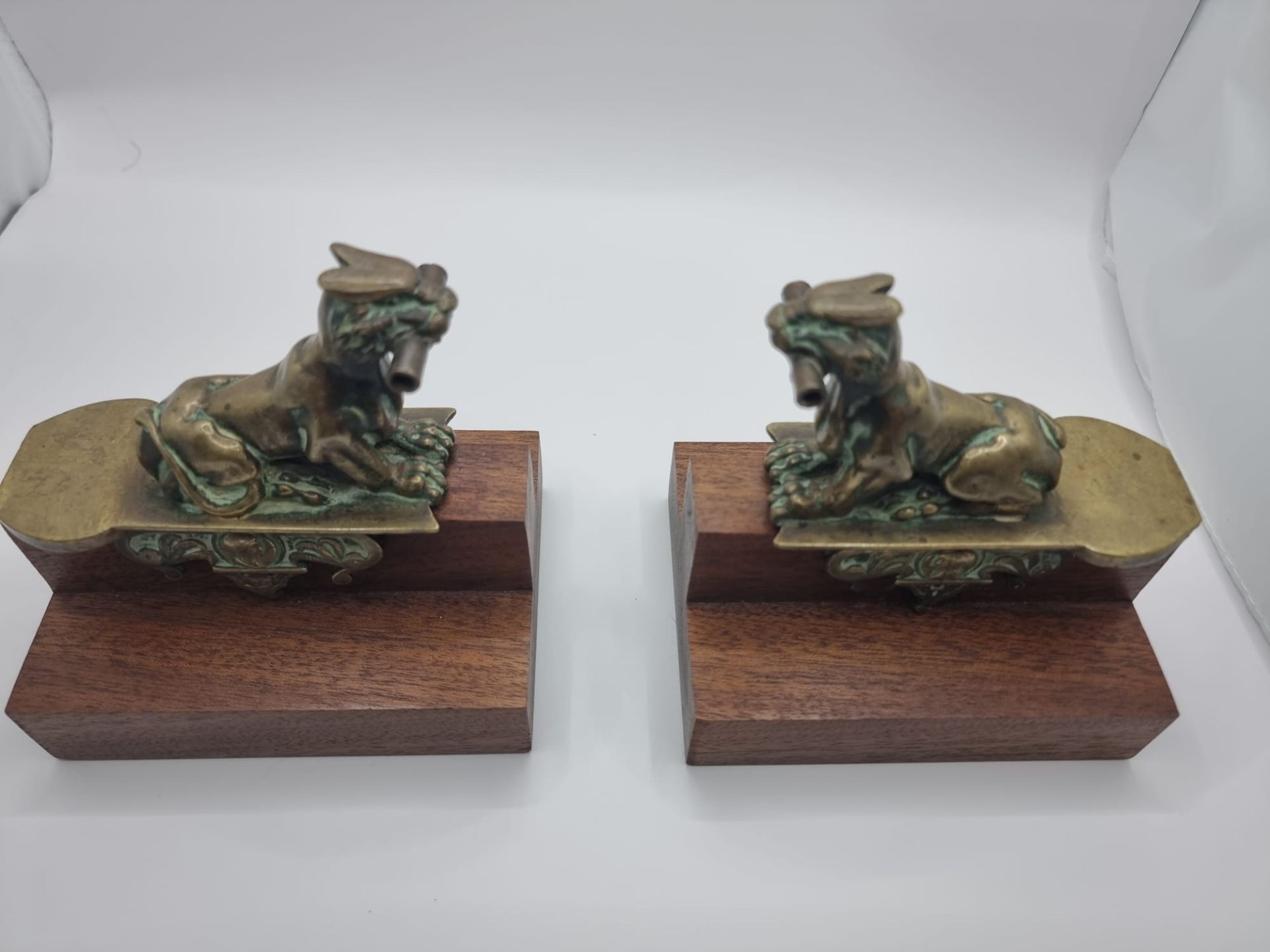 Pair Of 19th Century Decorative Bronze Lions later added to wooden plinth thus converted as Bookends - Image 2 of 10