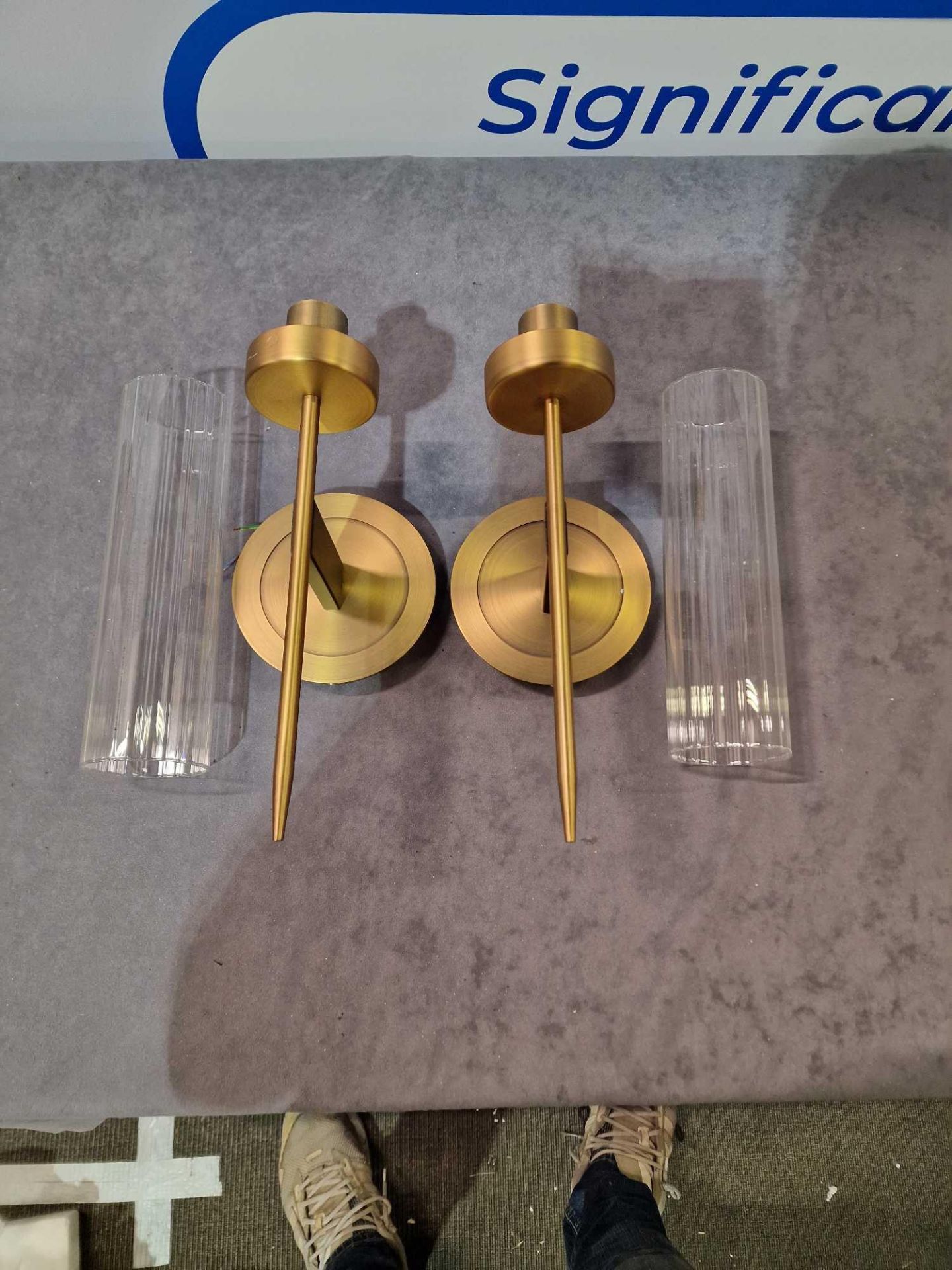 A pair of Kelly Wearstler For Visual Comfort Wall Light Sconces In Polished Brass With Glass Shade