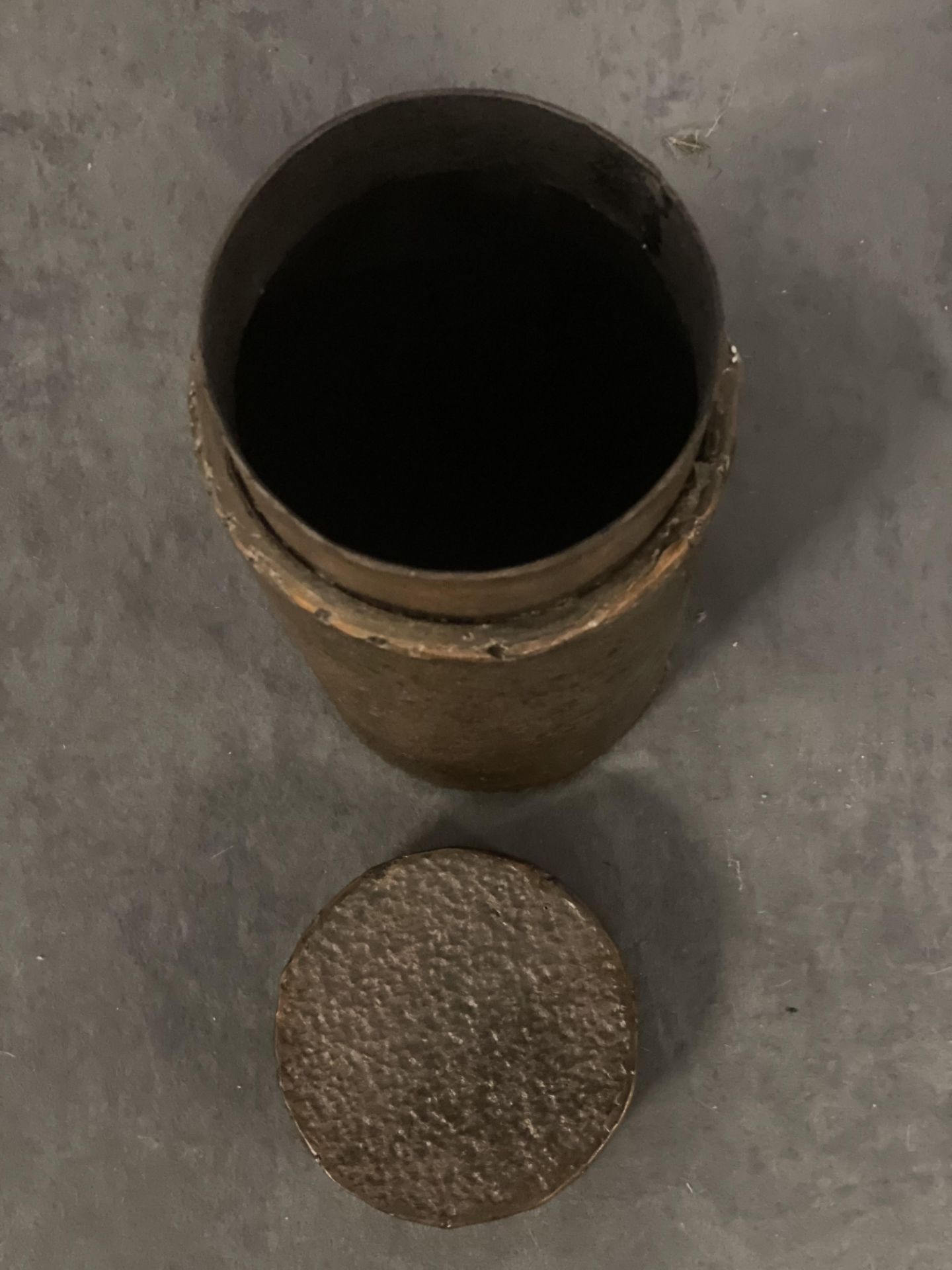 Bronze Cylindrical Metal Hammer Pot With Lid 35cm A Unique Piece, Constructed From Metal With An