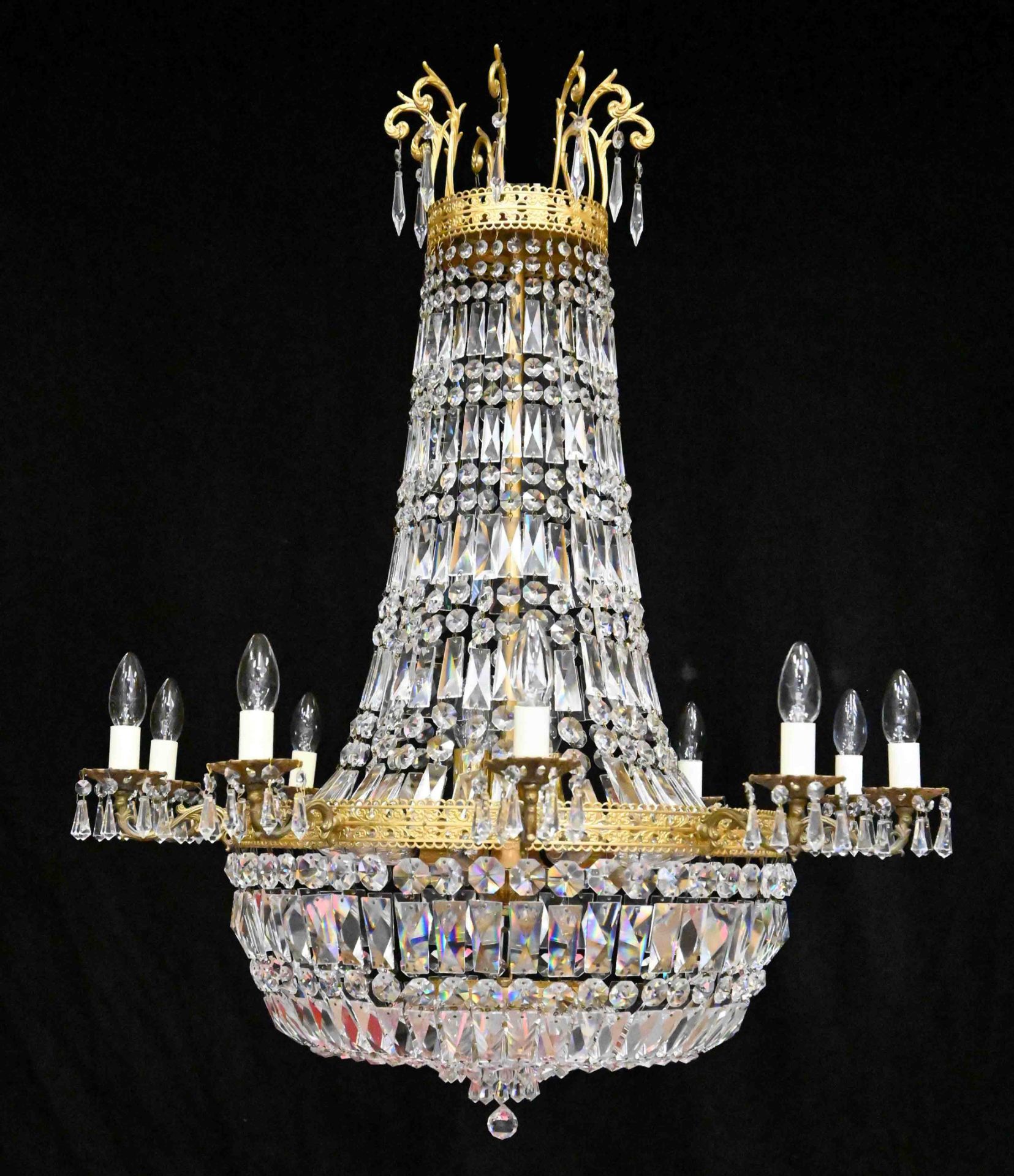 An Branch Iridescent Swarovski Crystal Chandelier, Of Tent And Bag Shape. Having Gilt Metal In