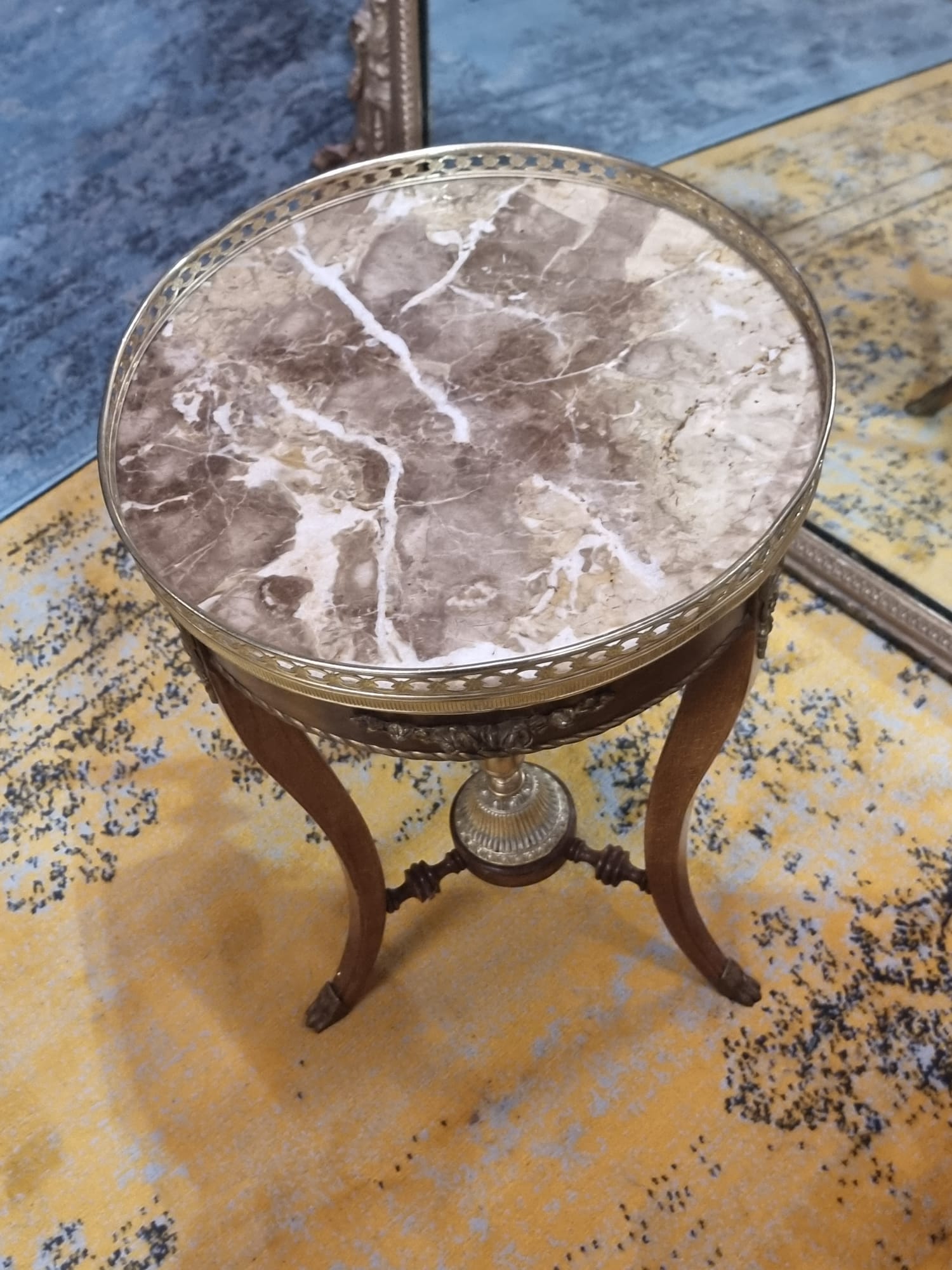 French Empire Gueridon Table Mahogany And Gilt Metal Inlay, Circular Galleried Marble top above a - Image 9 of 10