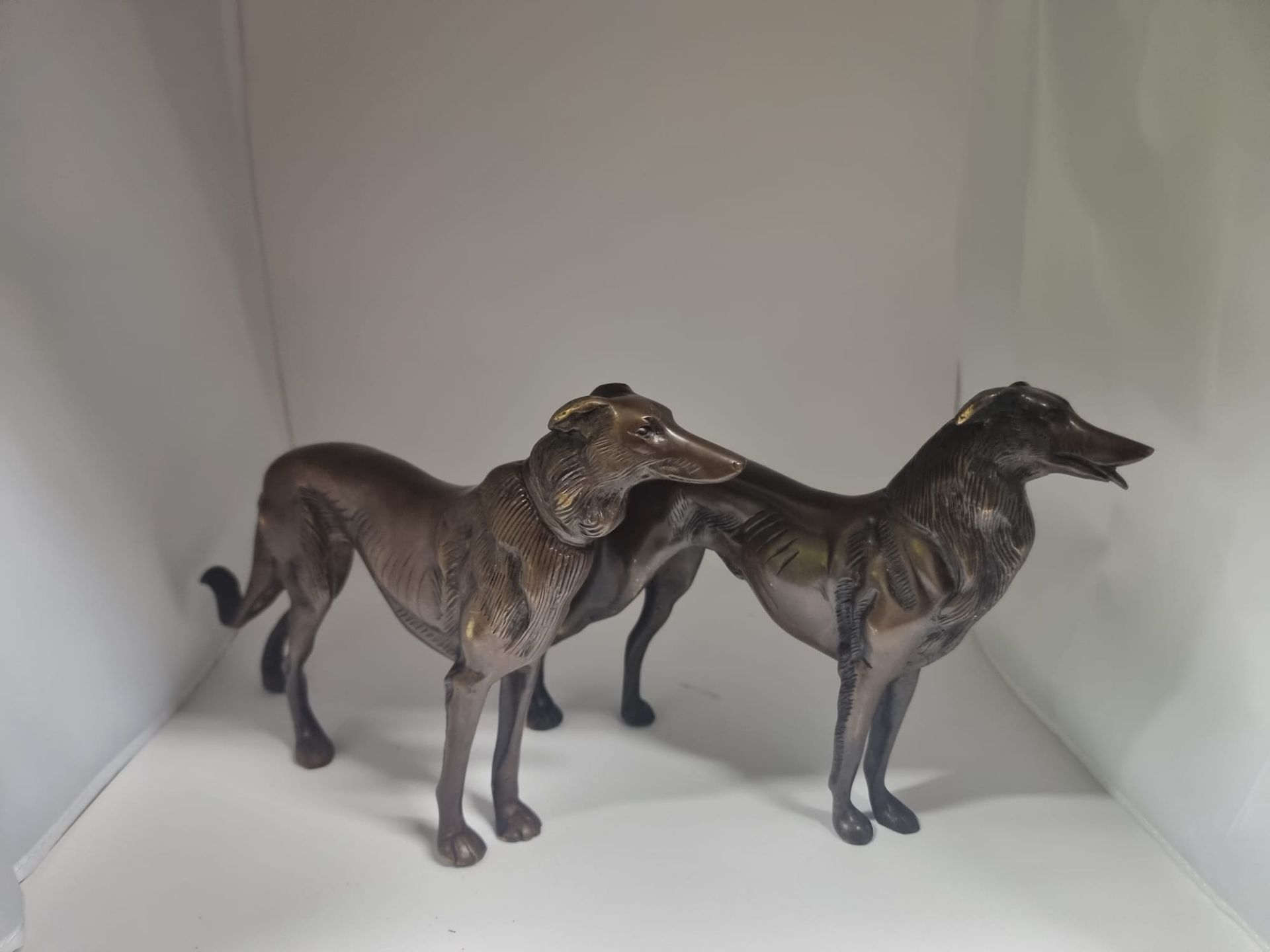 A pair of cast bronze Saluki dog sculptures 16cm tall each Longest is 28cm and shortest is 24cm - Image 4 of 8