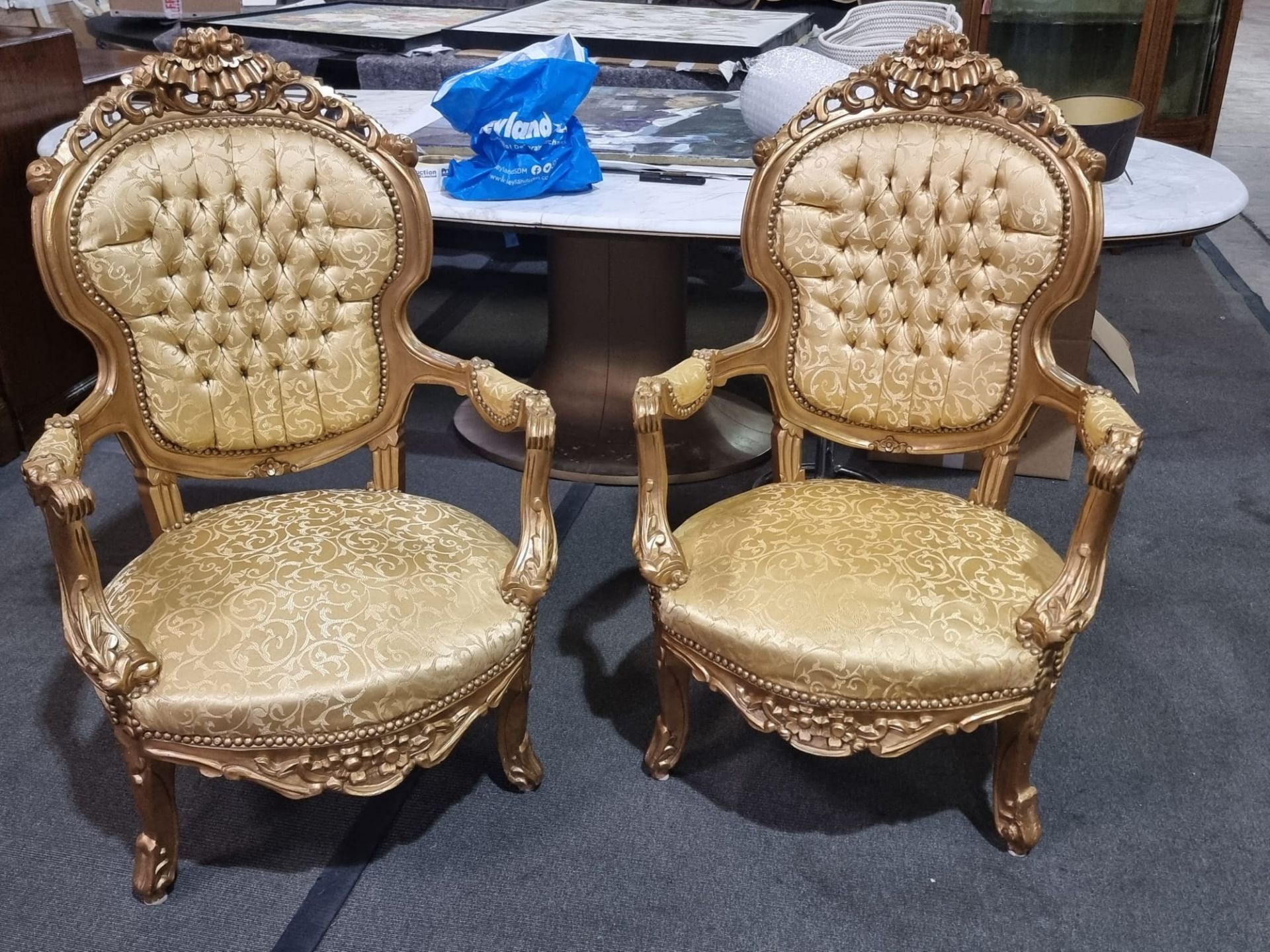 A Pair Of French Style Gilt Wood Framed Open Armchairs, Each With Moulded Show Wood Frame, The - Image 3 of 11