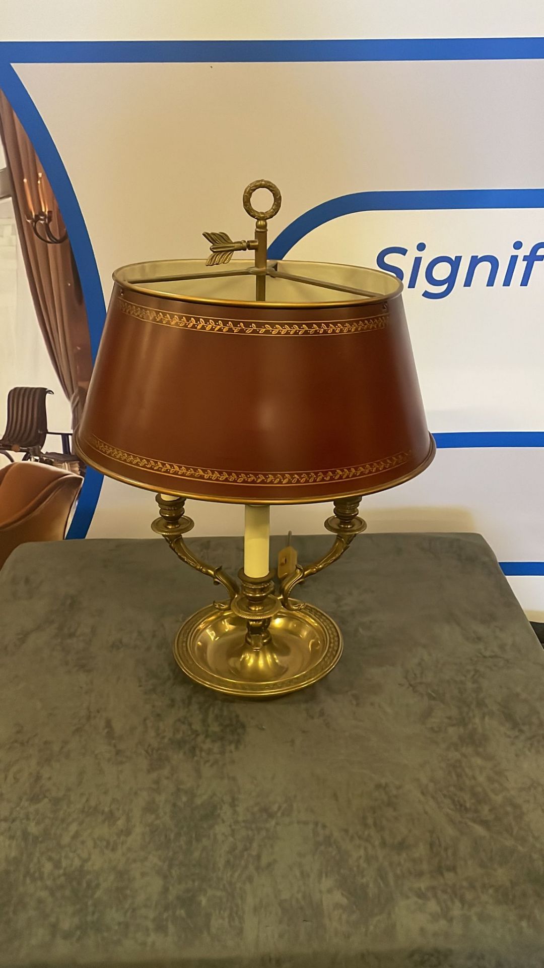 Empire Style Gilt Bronze Three-Light Bouillotte Lamp Having A Arrow Finial And Two Candle Arms