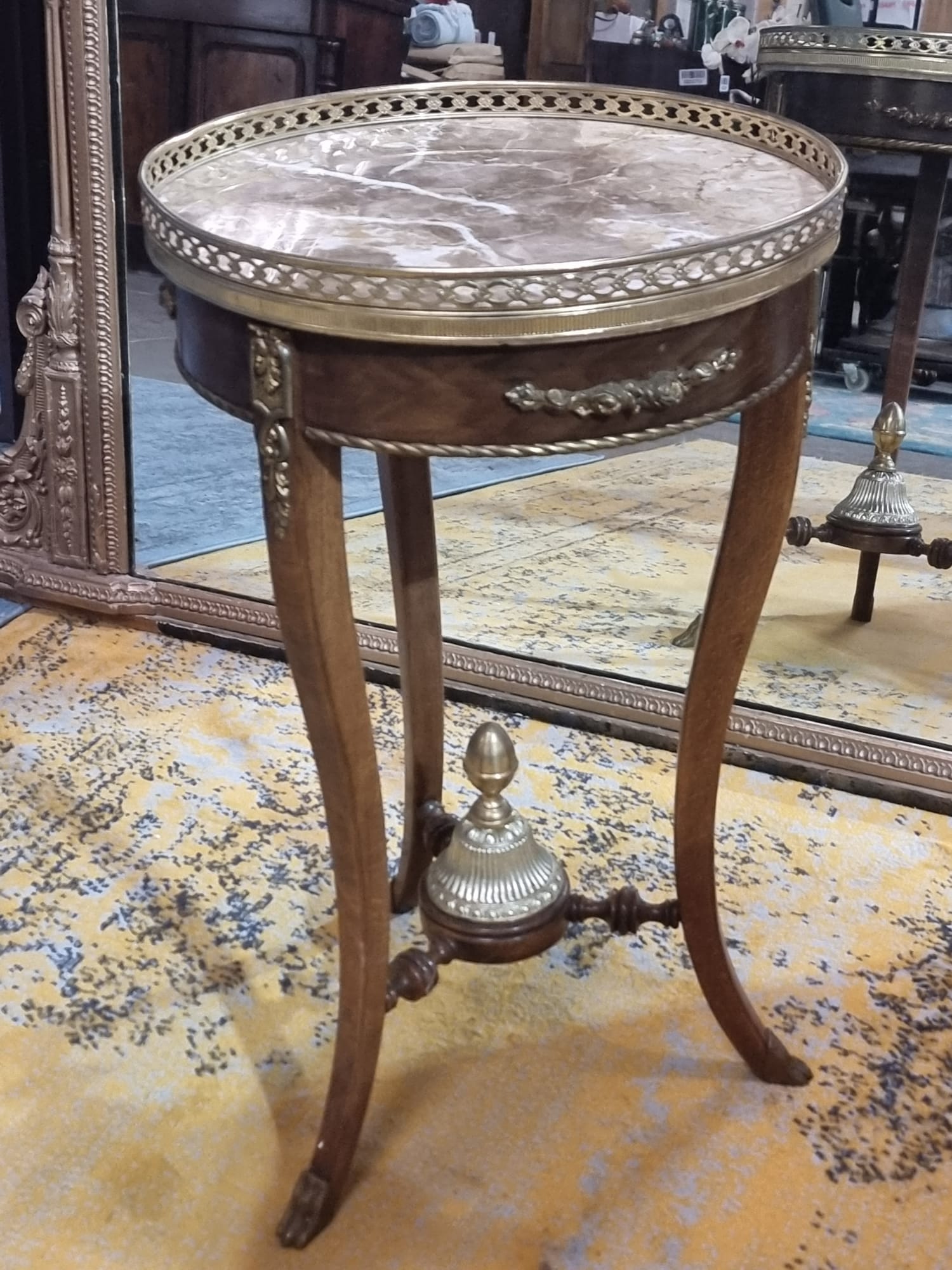 French Empire Gueridon Table Mahogany And Gilt Metal Inlay, Circular Galleried Marble top above a