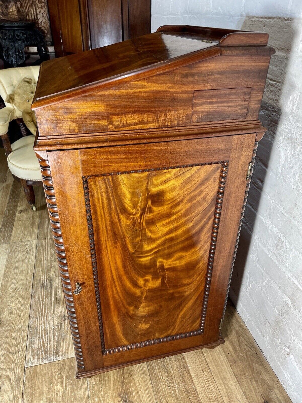 English Georgian Regency Flame Mahogany Davenport Writing Desk circa 1820 a moulded gallery above - Image 6 of 12