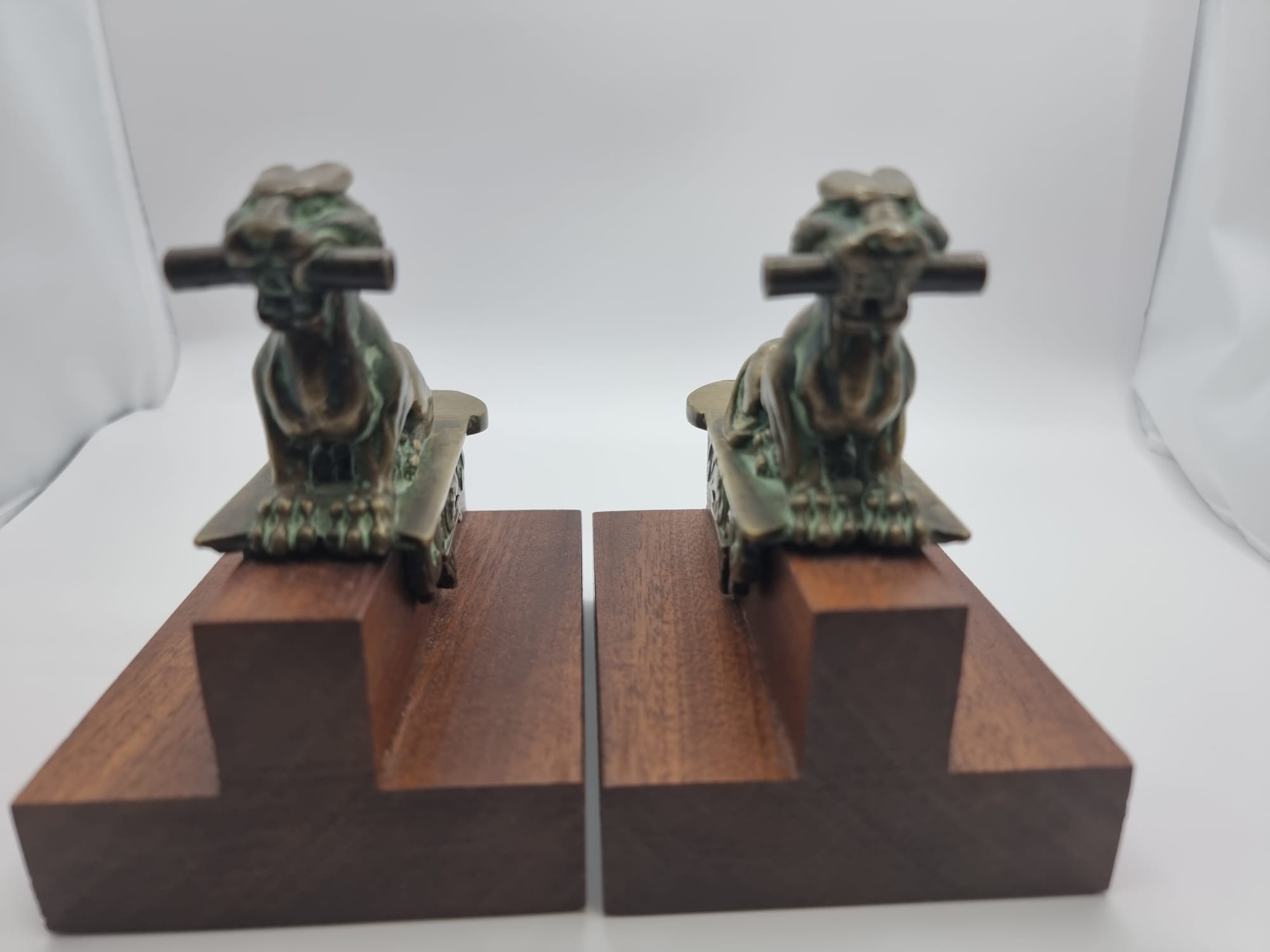 Pair Of 19th Century Decorative Bronze Lions later added to wooden plinth thus converted as Bookends - Image 6 of 10