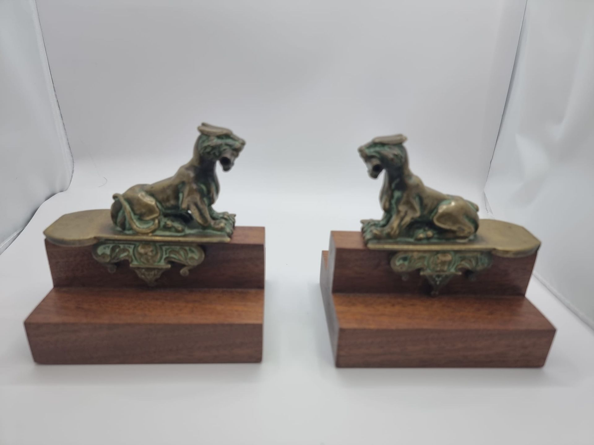 Pair Of 19th Century Decorative Bronze Lions later added to wooden plinth thus converted as Bookends - Image 10 of 10
