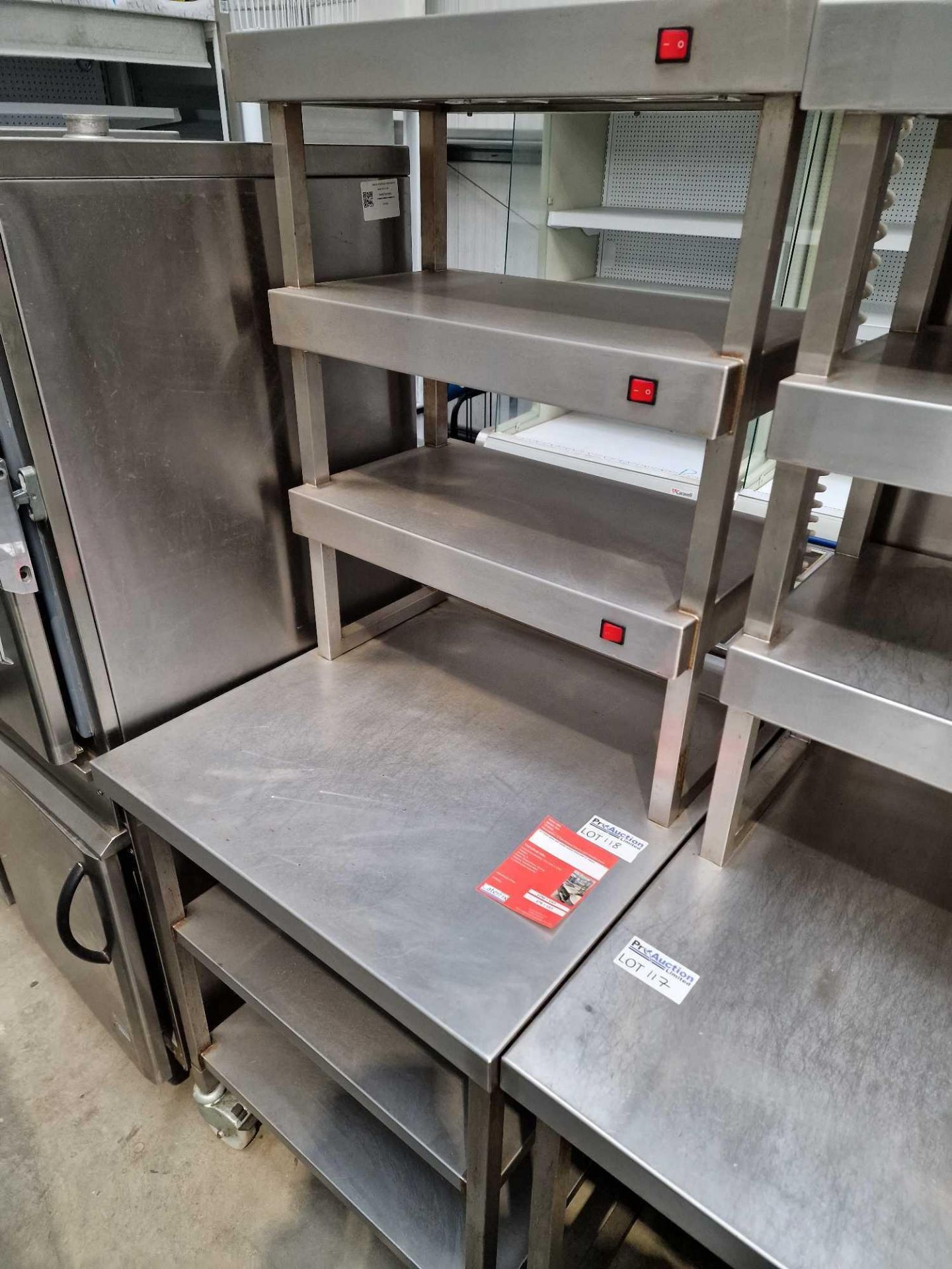 3 Tier Stainless steel Heated Gantry with two undershelves on castors 720x245x1770mm