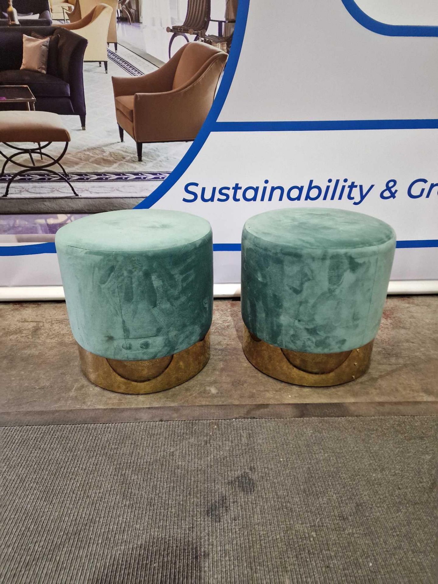 4 x Velour Upholstered green Pouffe with Brass Base trim Velour pouffe is a well-padded, round