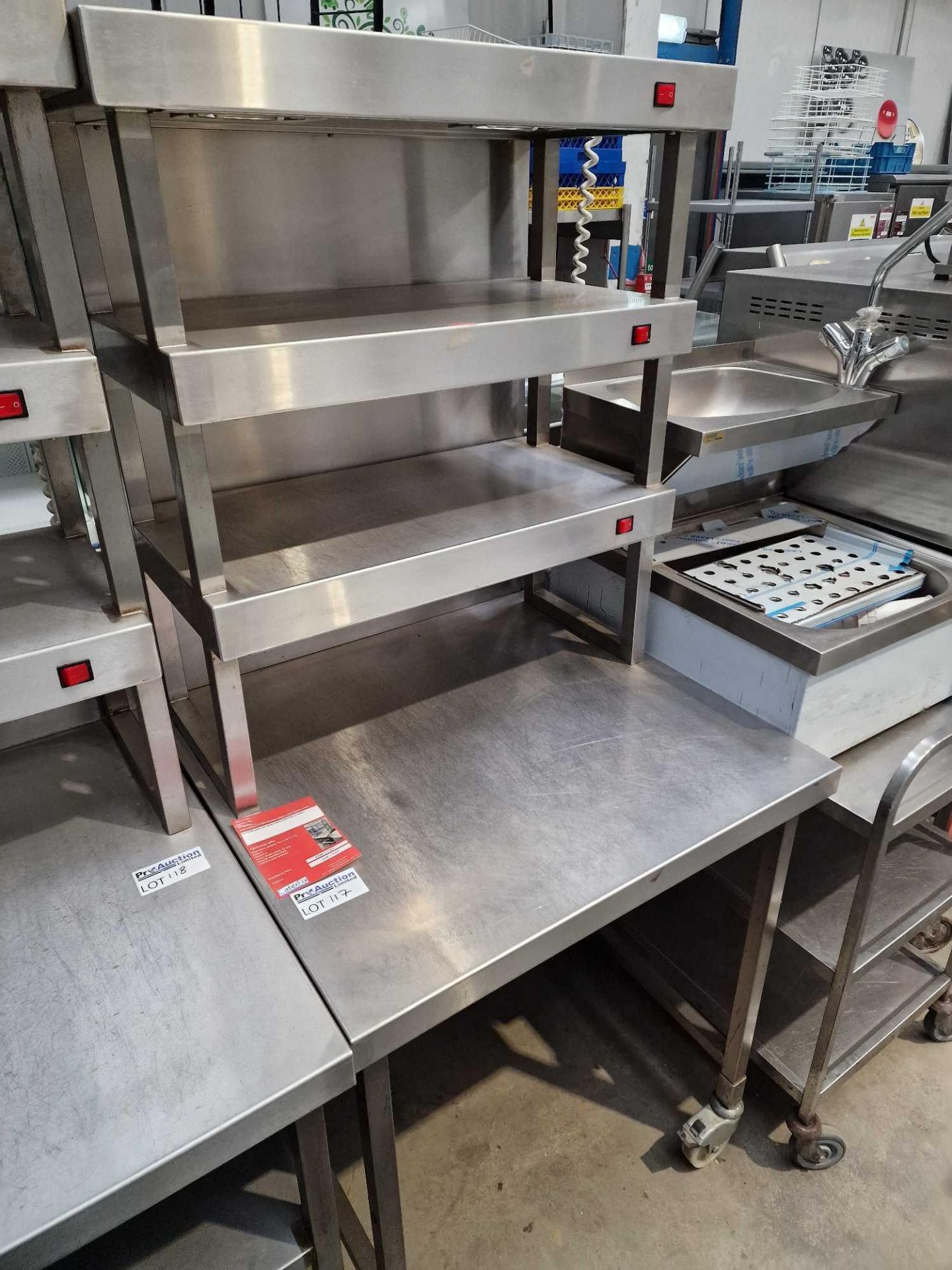 3 Tier Stainless steel Heated Gantry with two undershelves on castors 720x245x1770mm