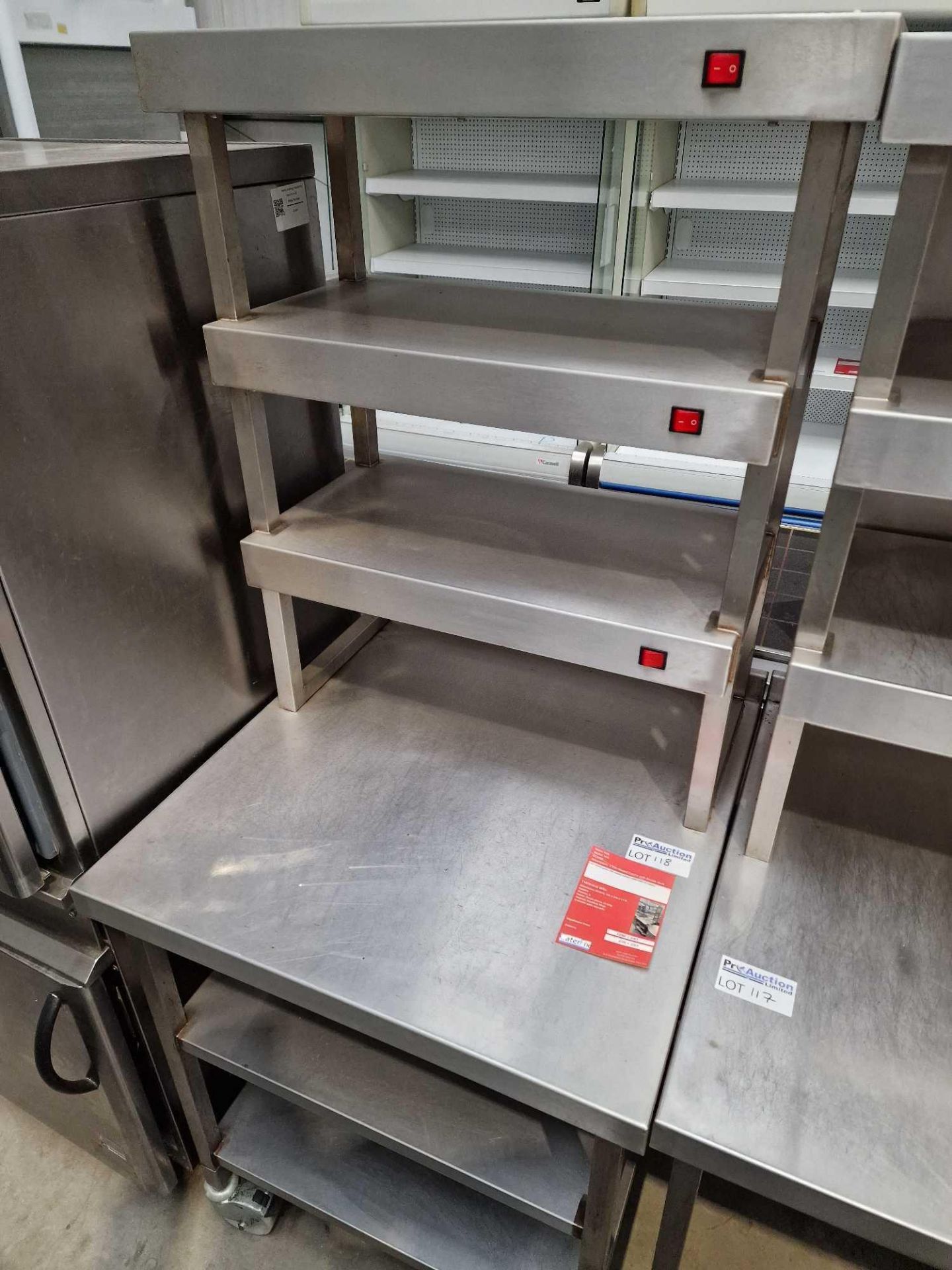 3 Tier Stainless steel Heated Gantry with two undershelves on castors 720x245x1770mm - Image 2 of 2