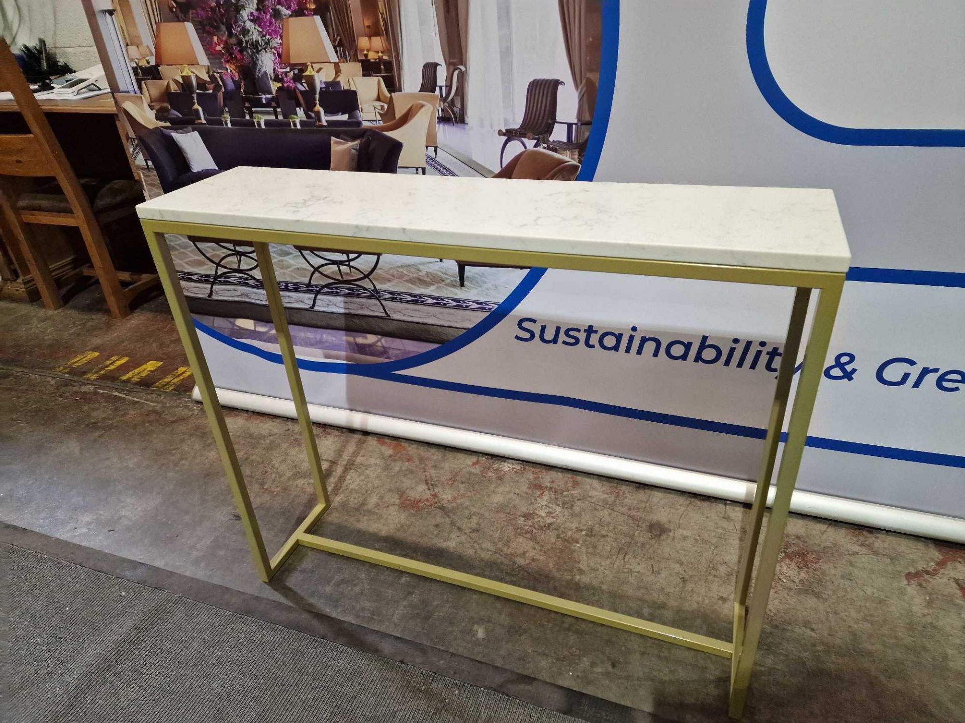 White marble top shelving unit or stand on a powder coated brass coloured frame 100 x 25 x 85cm