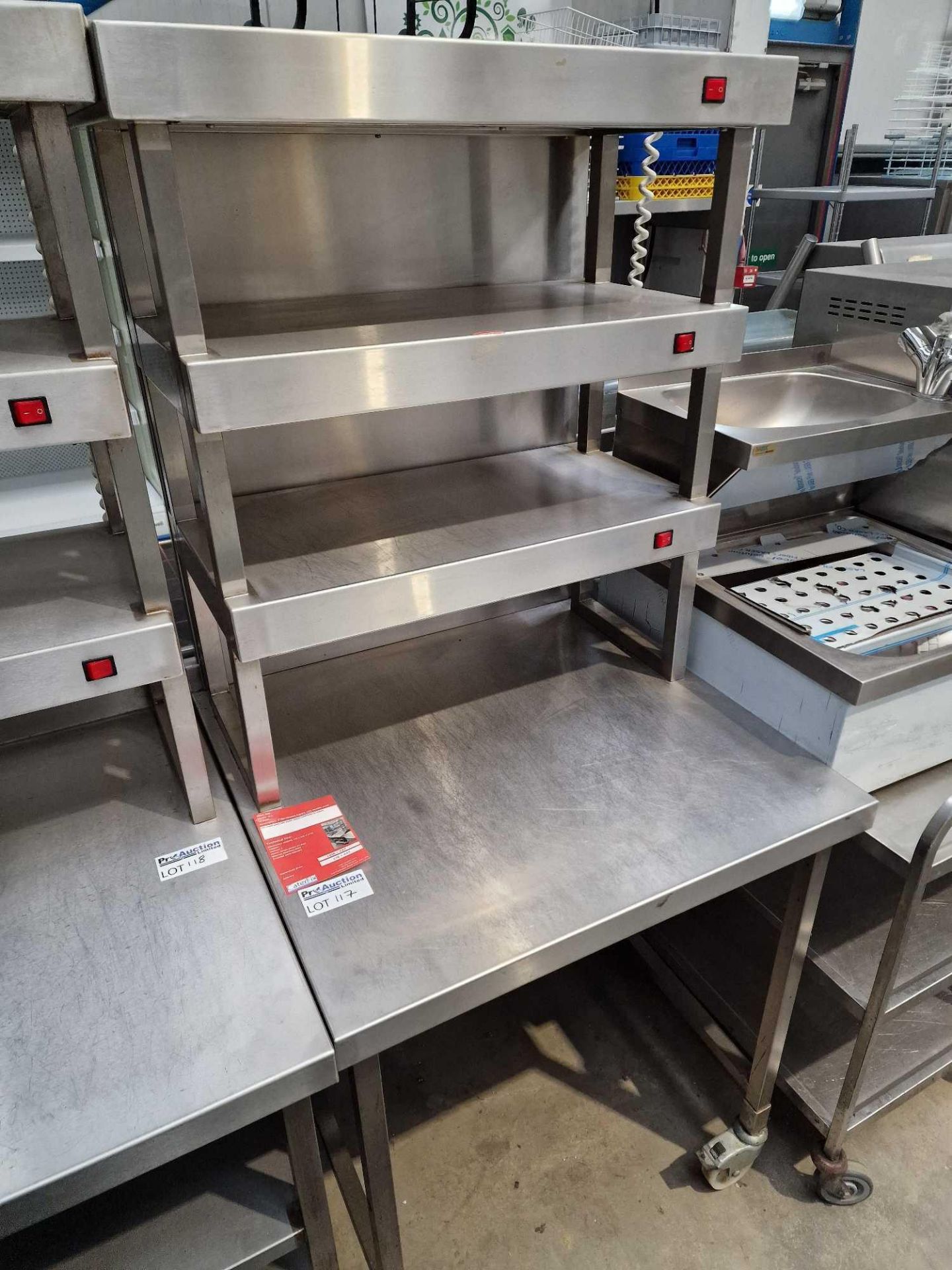 3 Tier Stainless steel Heated Gantry with two undershelves on castors 720x245x1770mm - Image 2 of 2