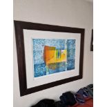 Framed art work titled Diver Jaune IV signed in glazed walnut coloured frame 90 x 77cm (Room 2c)