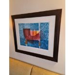Framed art work titled Diver Rouge V signed in glazed walnut coloured frame 90 x 77cm (Room 1A)