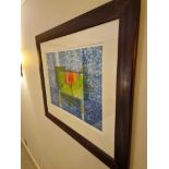 Framed art work titled Diver Vert I signed in glazed walnut coloured frame 90 x 77cm (Room OD)