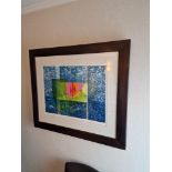 Framed art work titled Diver Jaune VIII signed in glazed walnut coloured frame 90 x 77cm (Room 3c)