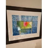 Framed art work titled Diver Vert II signed in glazed walnut coloured frame 90 x 77cm (Room OE)