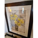 Audrey Scovell (British) framed art work titled Lillies Yellow Damask Artist Proof in walnut