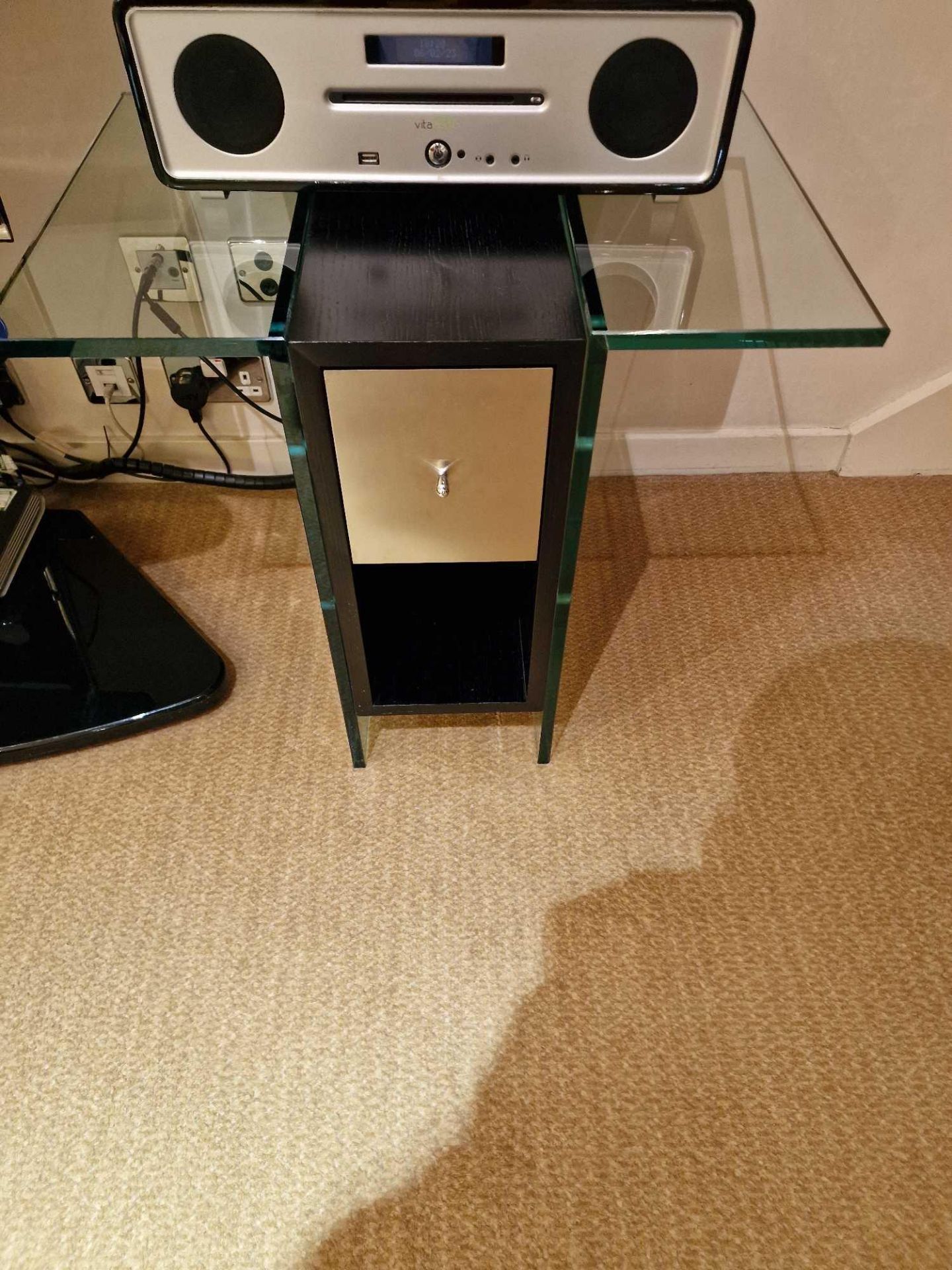 Promemoria black ash and tempered glass side table single drawer 63 x 45 x 57cm (Room 5E)