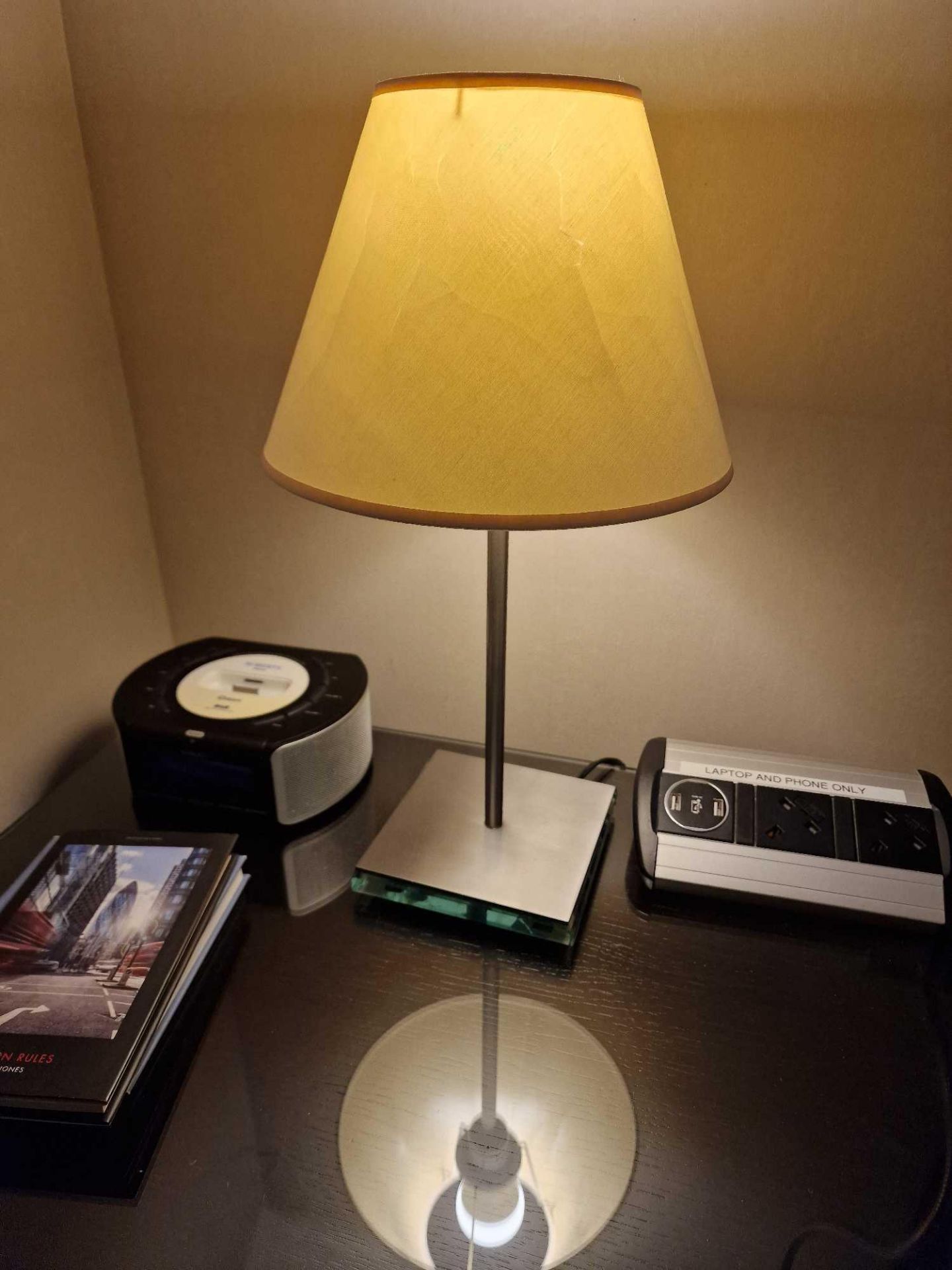 A pair of Lucien Gau Paris LG Paris glass plinth and stainless steel table lamps with shade 46cm