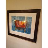 Framed art work titled Diver Rouge VI signed in glazed walnut coloured frame 90 x 77cm (Room OD)