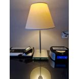 A pair of Lucien Gau Paris LG Paris glass plinth and stainless steel table lamps with shade 46cm