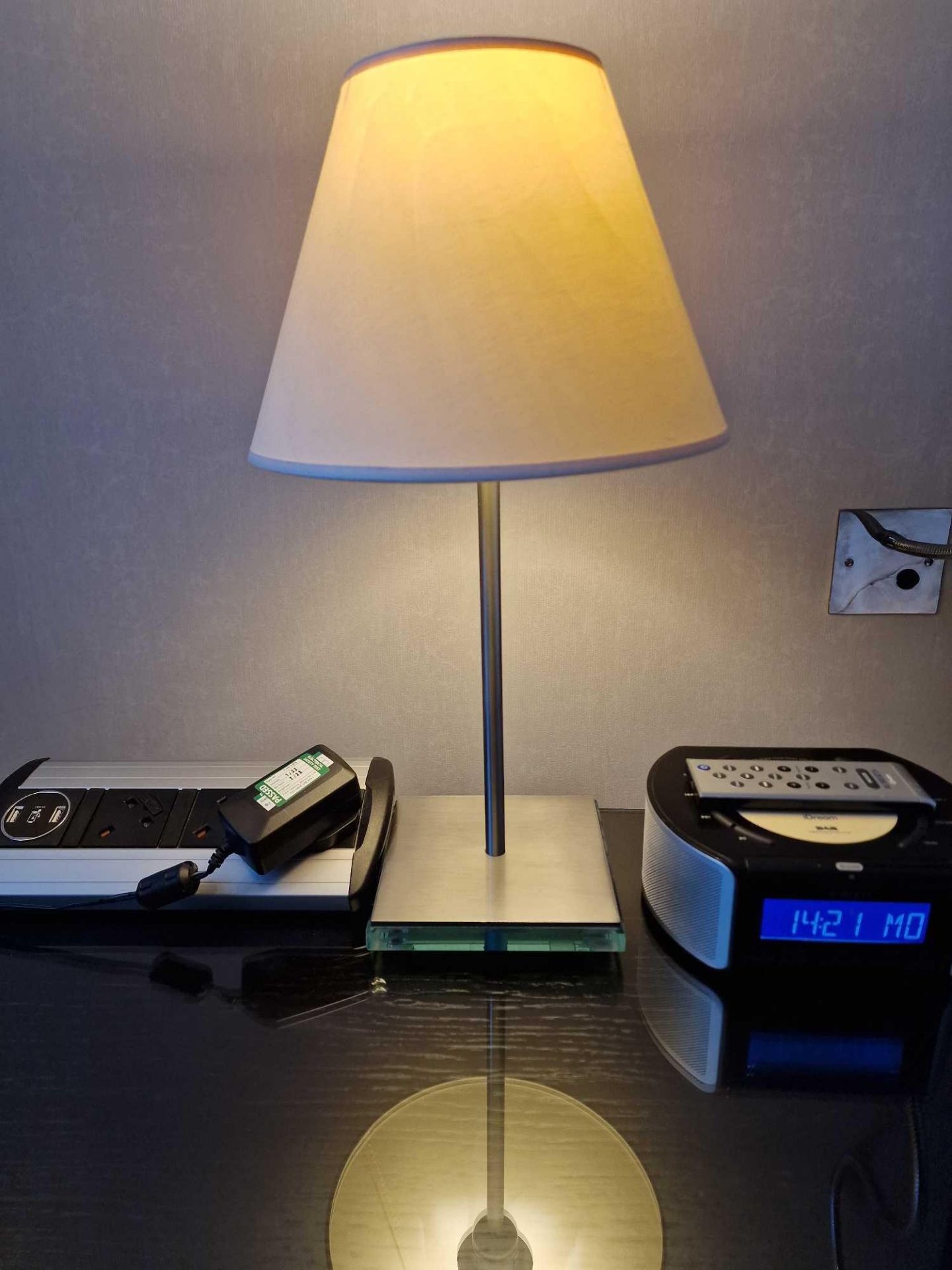 A pair of Lucien Gau Paris LG Paris glass plinth and stainless steel table lamps with shade 46cm