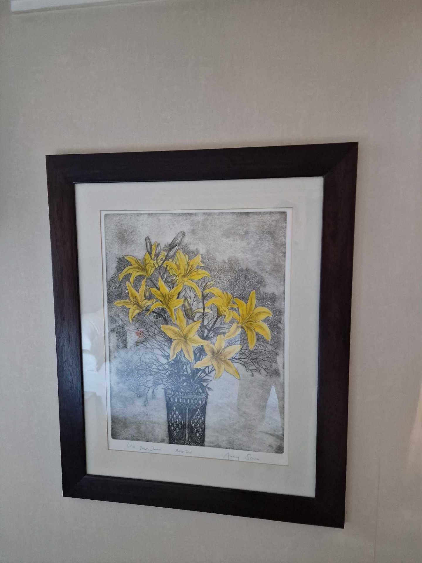 Audrey Scovell (British) framed art work titled Lillies Yellow Damask Artist Proof in walnut