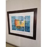Framed art work titled Diver Jaune VII signed in glazed walnut coloured frame 90 x 77cm (Room 3D)