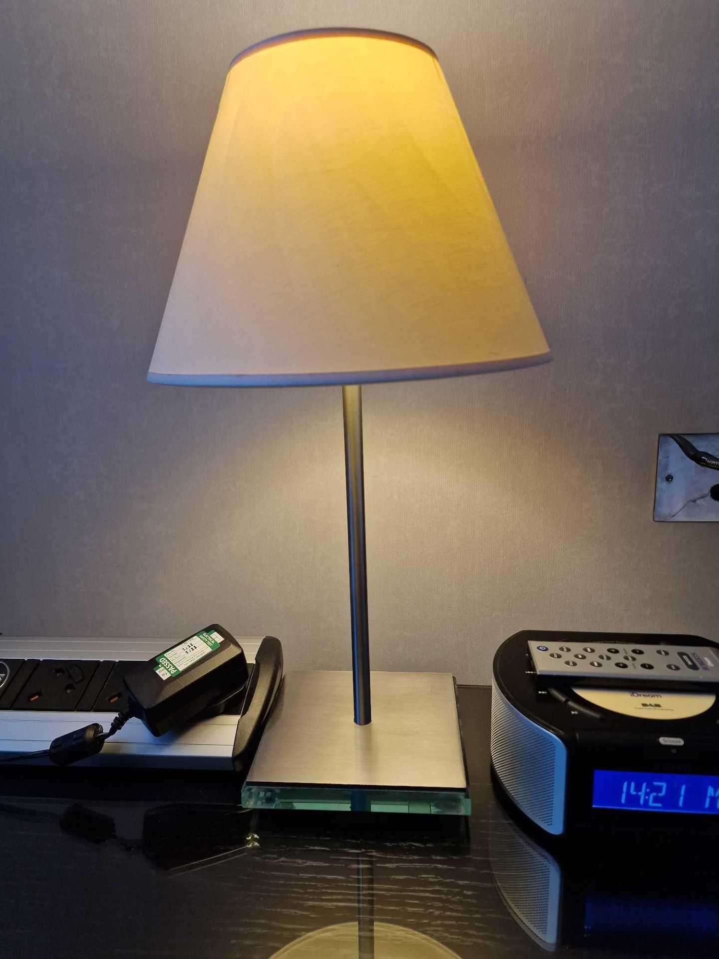 A pair of Lucien Gau Paris LG Paris glass plinth and stainless steel table lamps with shade 46cm - Image 2 of 2