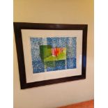 Framed art work titled Diver Vert V signed in glazed walnut coloured frame 90 x 77cm (Room 5E)