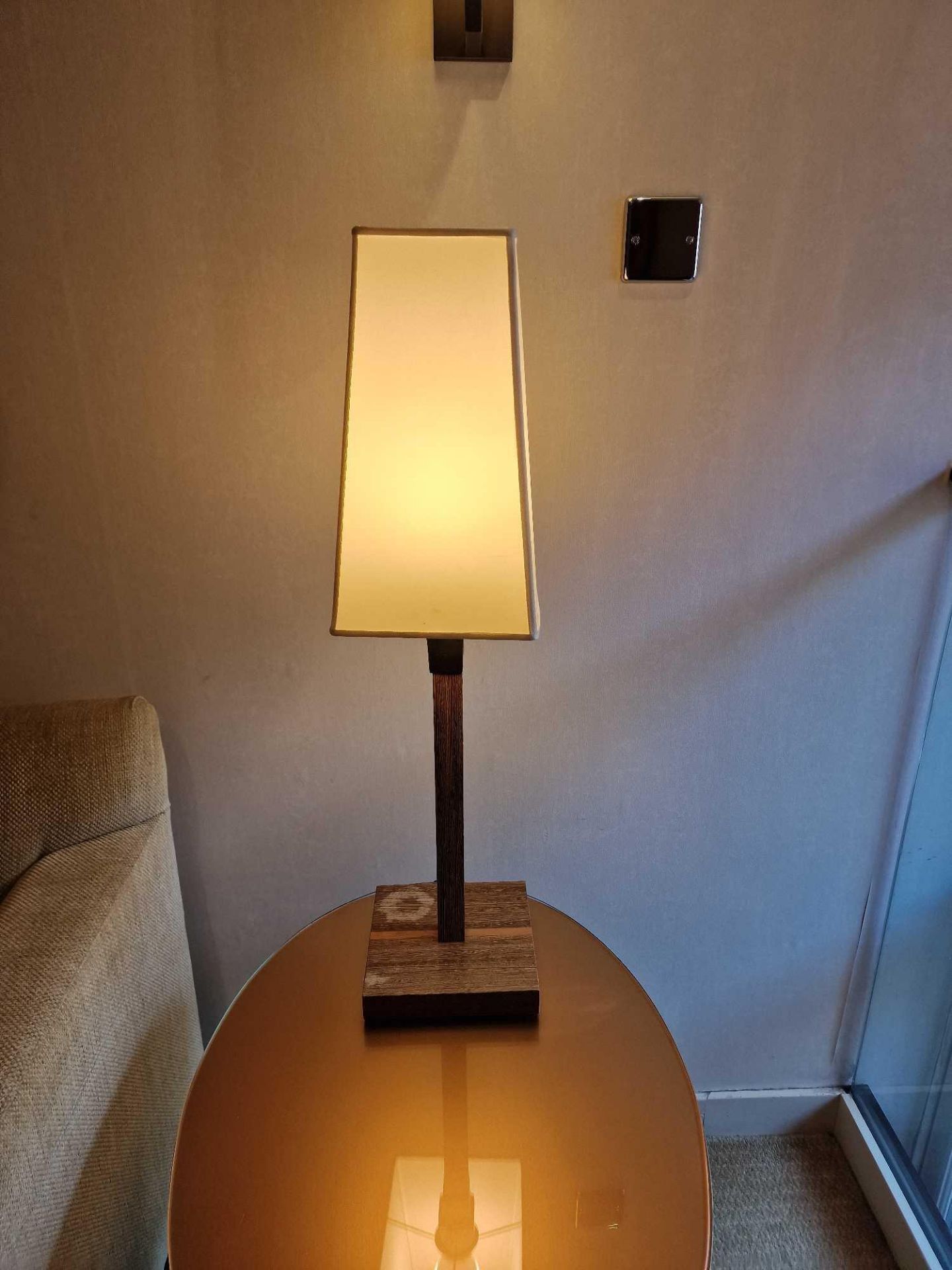 Promemoria table lamp wood column lamp with bronzed collar decoration on square base complete with