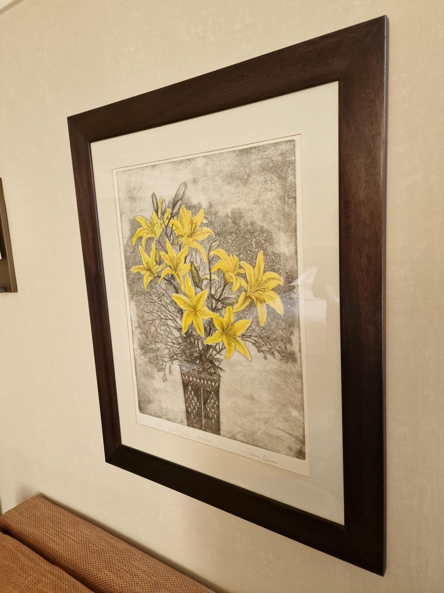 Audrey Scovell (British) framed art work titled Lillies Yellow Damask Artist Proof in walnut