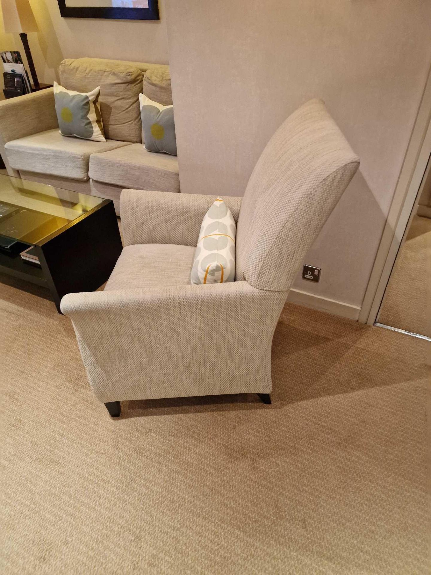 Bernhardt Hospitality upholstered lounge chair in oatmeal fabric on solid hardwood spring frame 76 x - Image 2 of 3