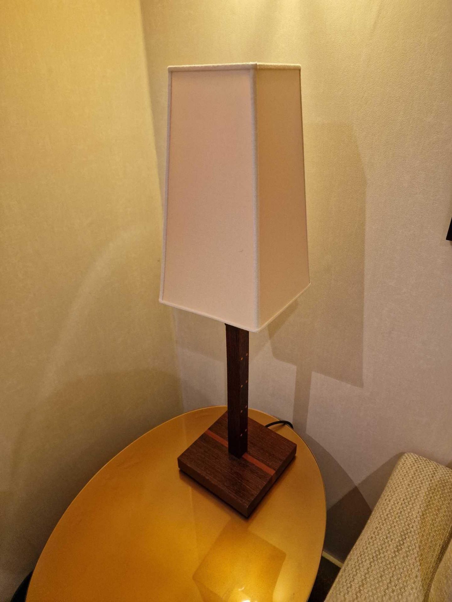 Promemoria table lamp wood column lamp with bronzed collar decoration on square base complete with