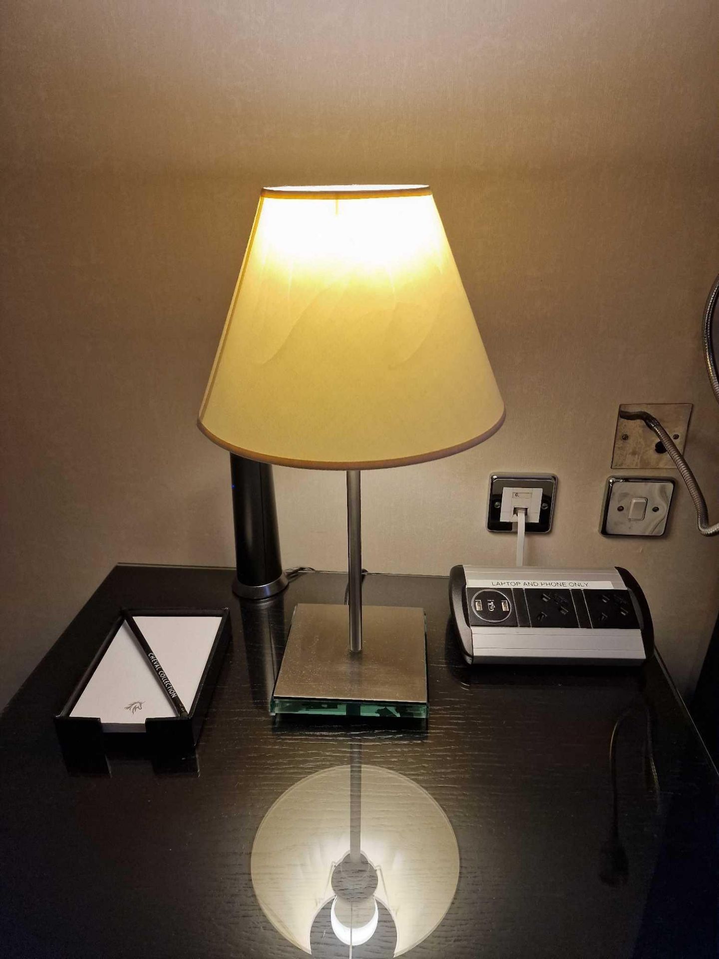 A pair of Lucien Gau Paris LG Paris glass plinth and stainless steel table lamps with shade 46cm