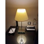 A pair of Lucien Gau Paris LG Paris glass plinth and stainless steel table lamps with shade 46cm