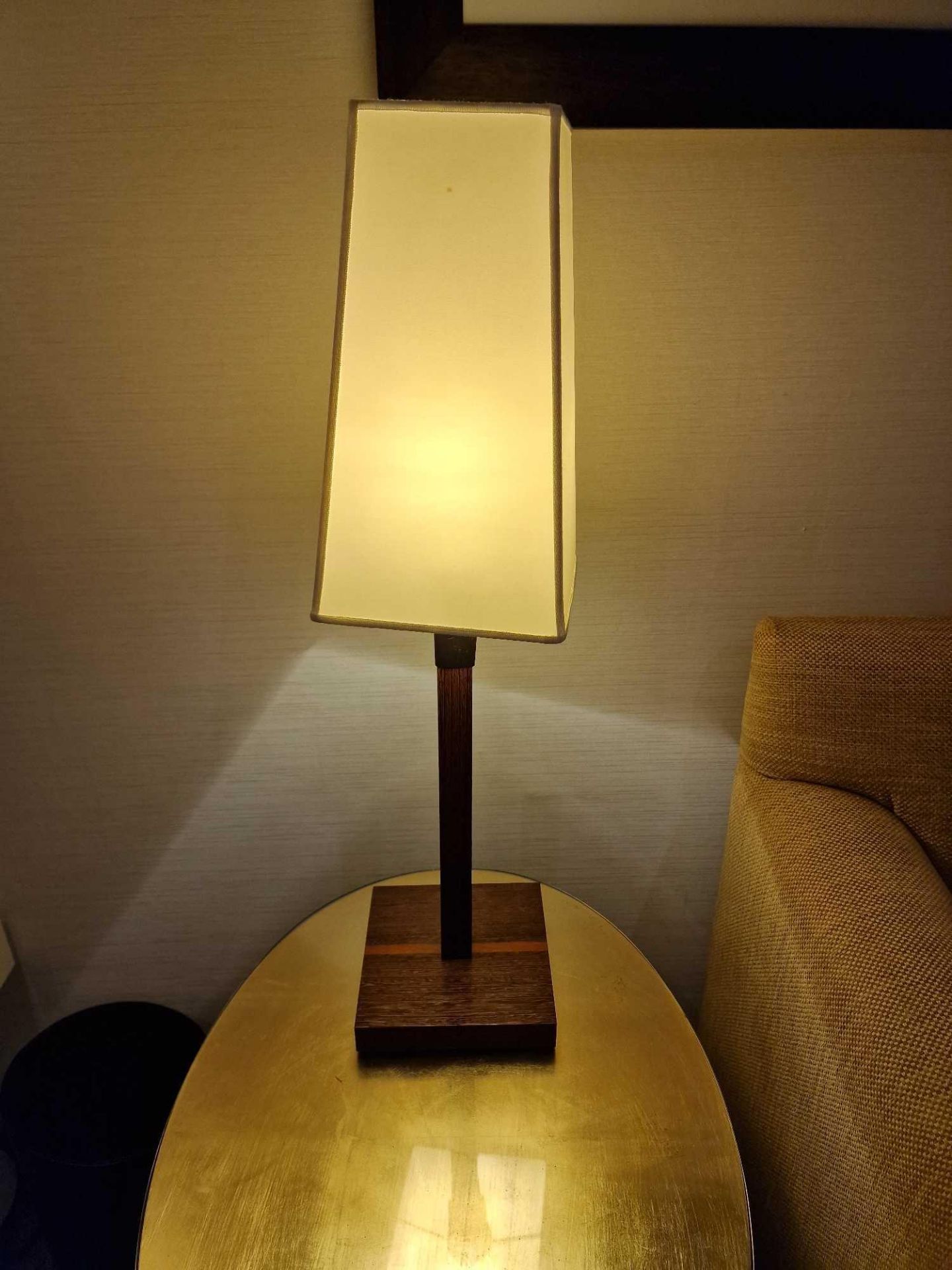 Promemoria table lamp wood column lamp with bronzed collar decoration on square base complete with