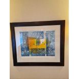 Framed art work titled Diver Juane signed in glazed walnut coloured frame 90 x 77cm (Room 3B)
